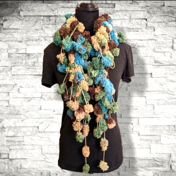 Handmade Fluffy Scarf by me!! Super Soft Puff Balls Green Aqua Blue Brown - Picture 6 of 12